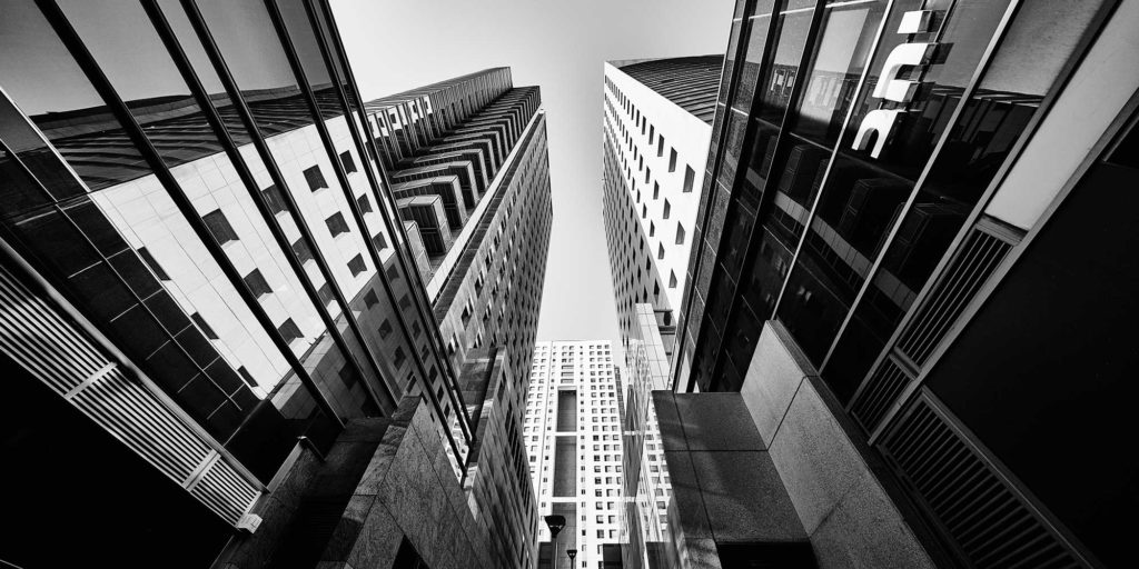 wide angle architecture photograph in black and white