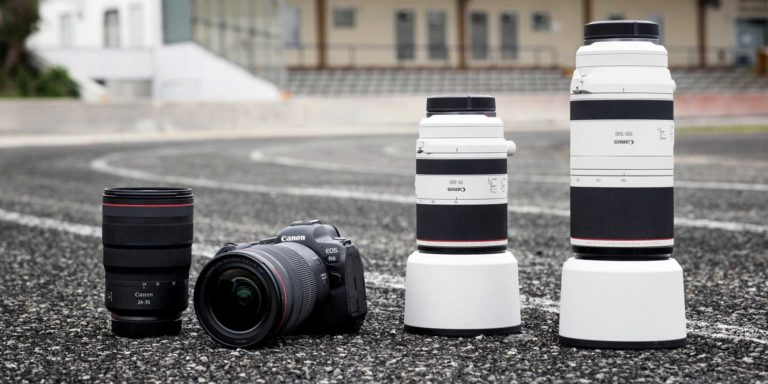 rf lenses with a canon r6 mirrorless camera on a sports track