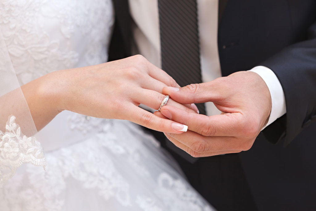hand of the bride and groom with wedding rings